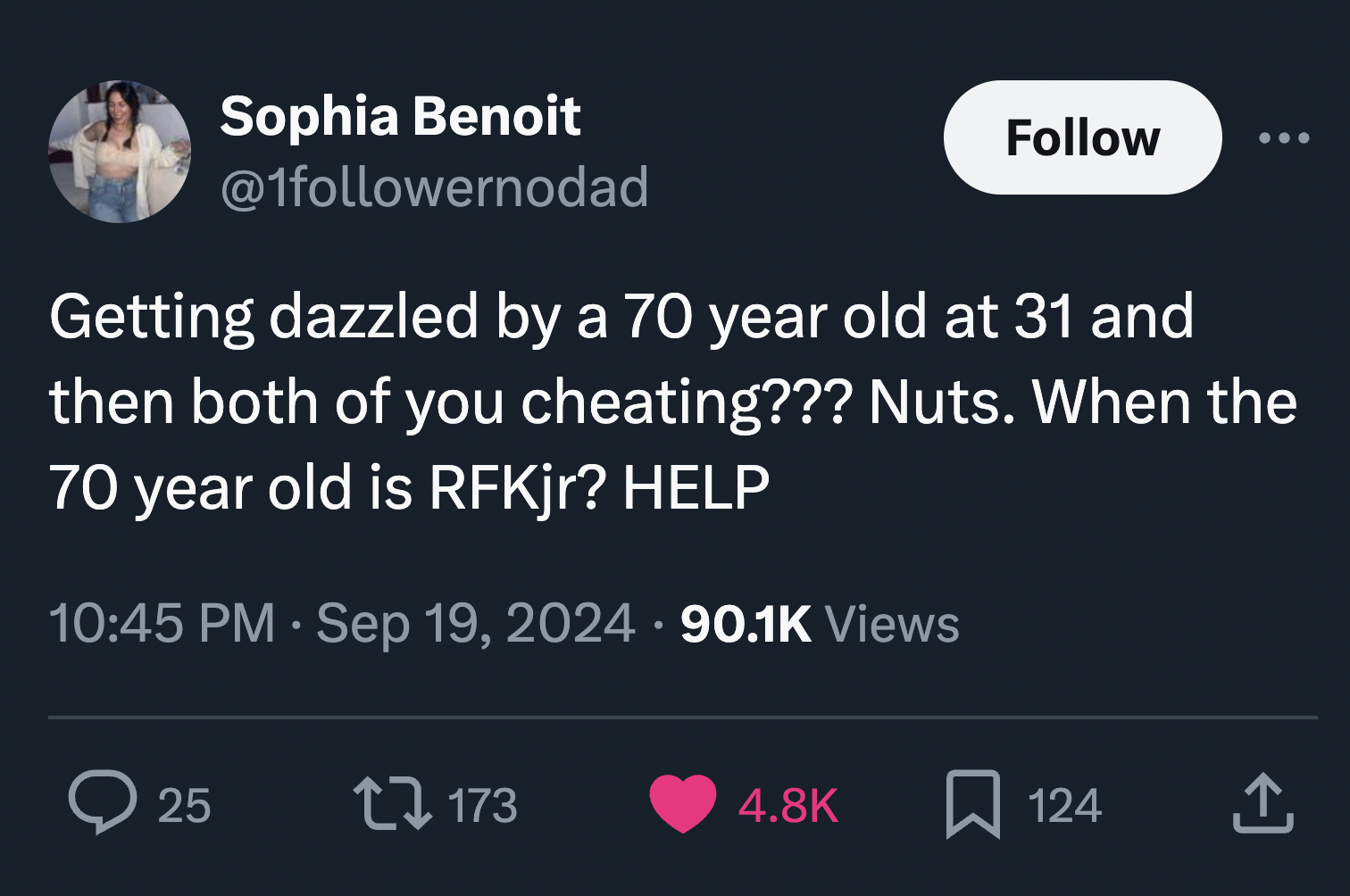 screenshot - Sophia Benoit Getting dazzled by a 70 year old at 31 and then both of you cheating??? Nuts. When the 70 year old is RFKjr? Help Views 25 173 124